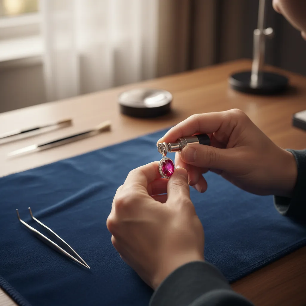 Gemmologue examinant un rubis à la loupe