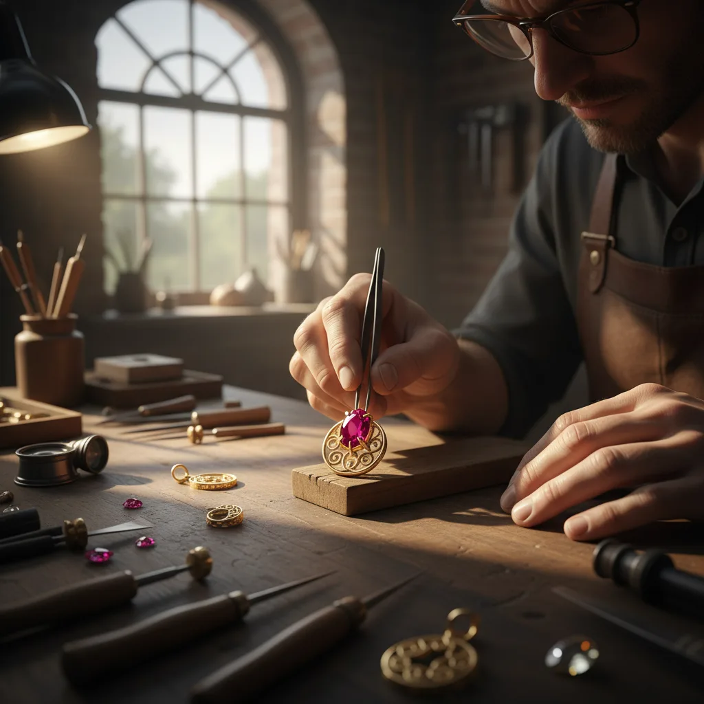 Expert sertissant un rubis sur une monture en or