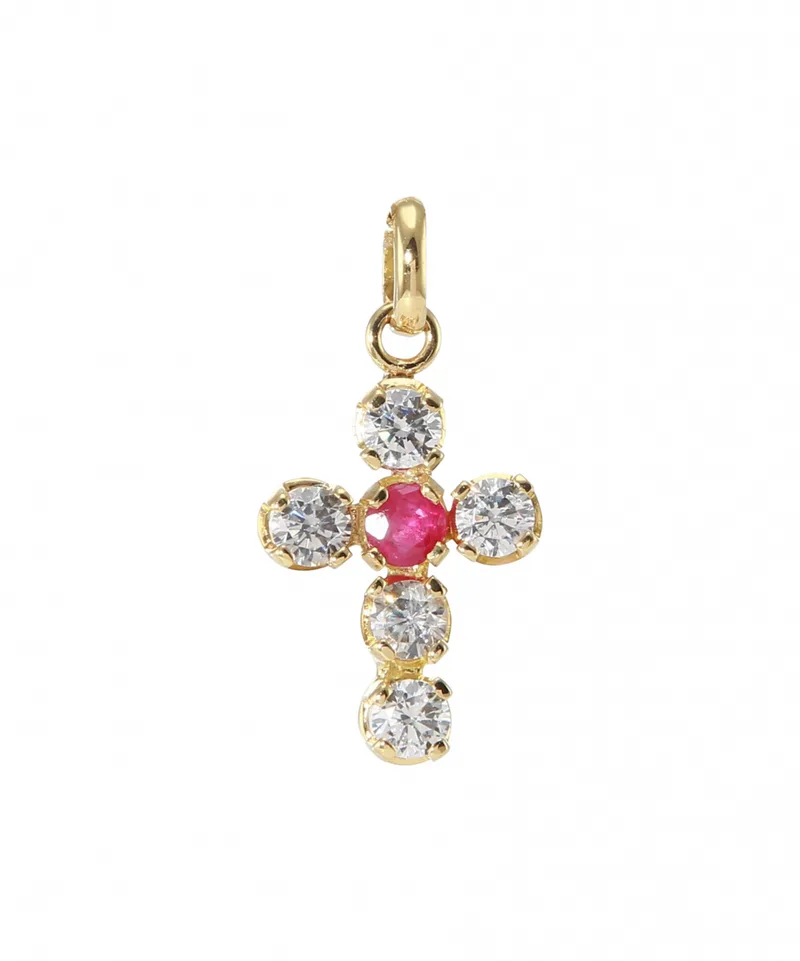 Pendentif Croix Rubis Rouge et Oxyde en Or Jaune 750 pour femme - Bijoux Trabbia Vuillermoz
